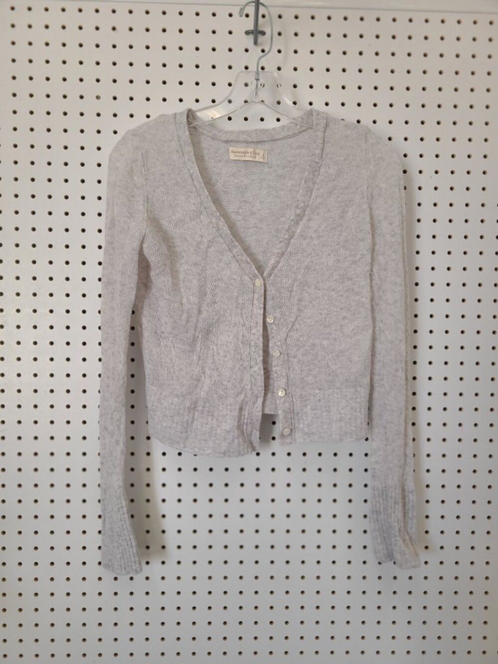 Abercrombie & Fitch Light Gray Merino Wool-Blend Button-Up Cropped Cardigan Swea
